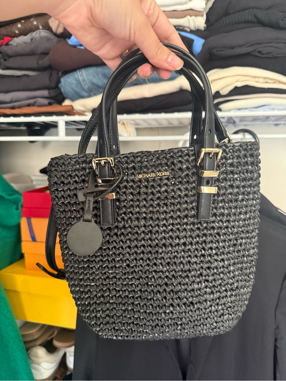 Michael Kors Black Woven Leather-Trim Beach Basket Weave Tote